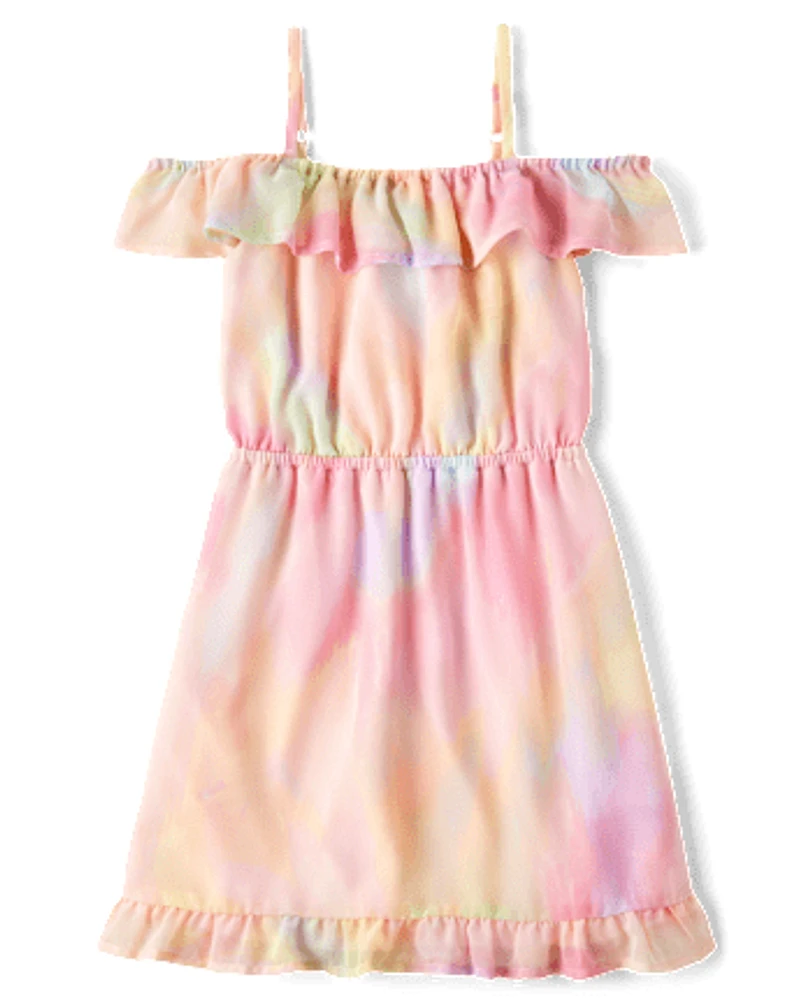 Girls Rainbow Tie Dye Off Shoulder Dress