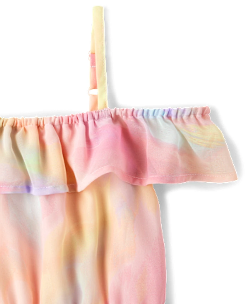 Girls Rainbow Tie Dye Off Shoulder Dress