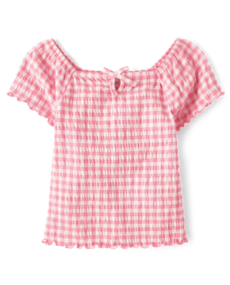 Girls Gingham Smocked Keyhole Top