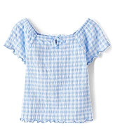 Girls Gingham Smocked Keyhole Top