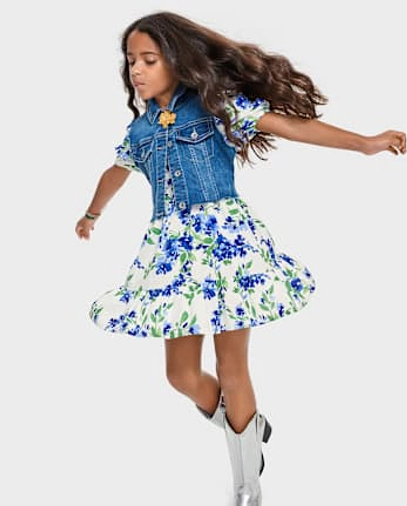 Girls Mommy And Me Floral Pleated Ruffle Dress