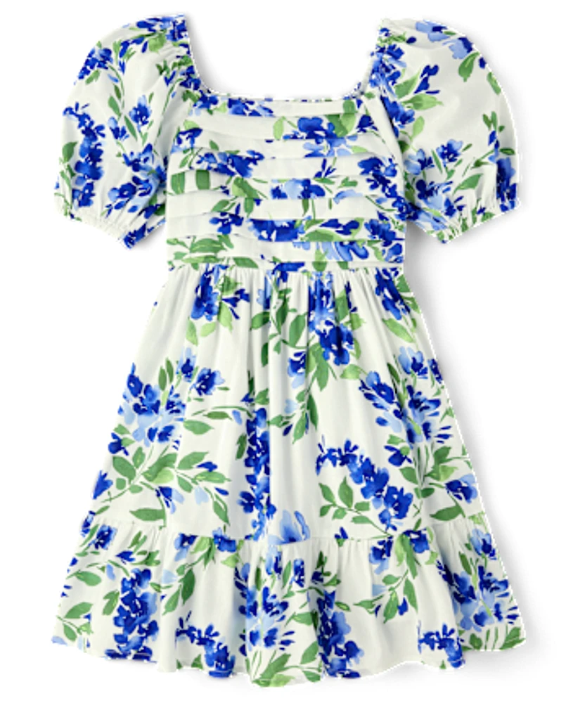 Girls Mommy And Me Floral Pleated Ruffle Dress