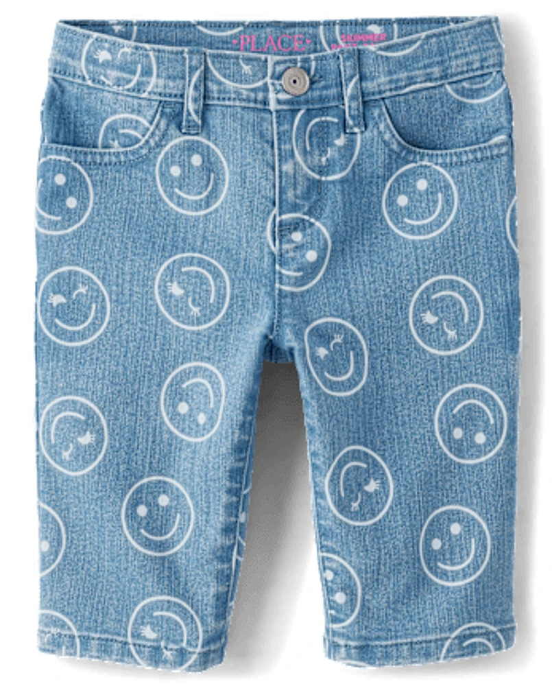 Girls Happy Face Denim Skimmer Shorts