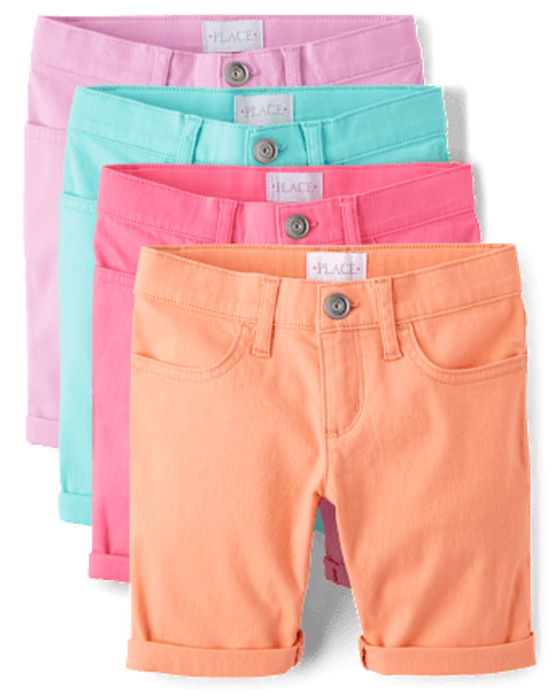 Girls Roll Cuff Twill Skimmer Shorts 4-Pack