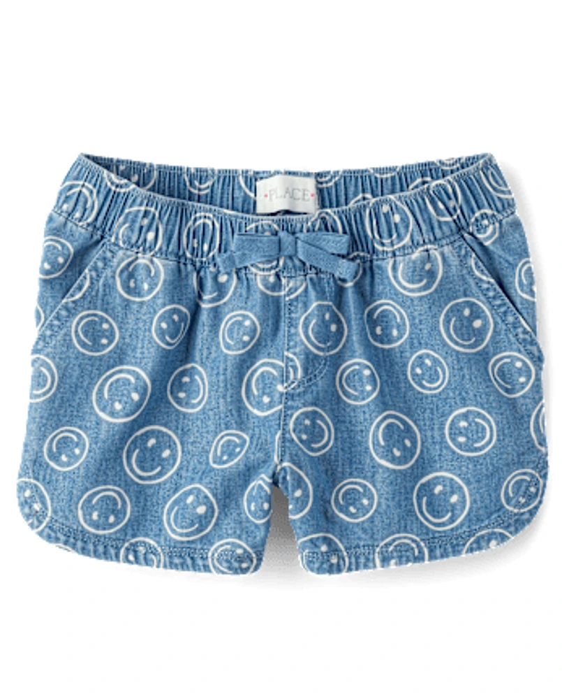 Girls Happy Face Chambray Pull On Shorts