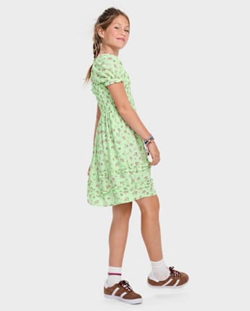 Girls Floral Smocked Ruffle Dress