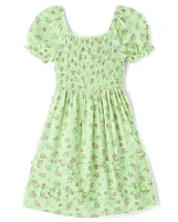 Girls Floral Smocked Ruffle Dress