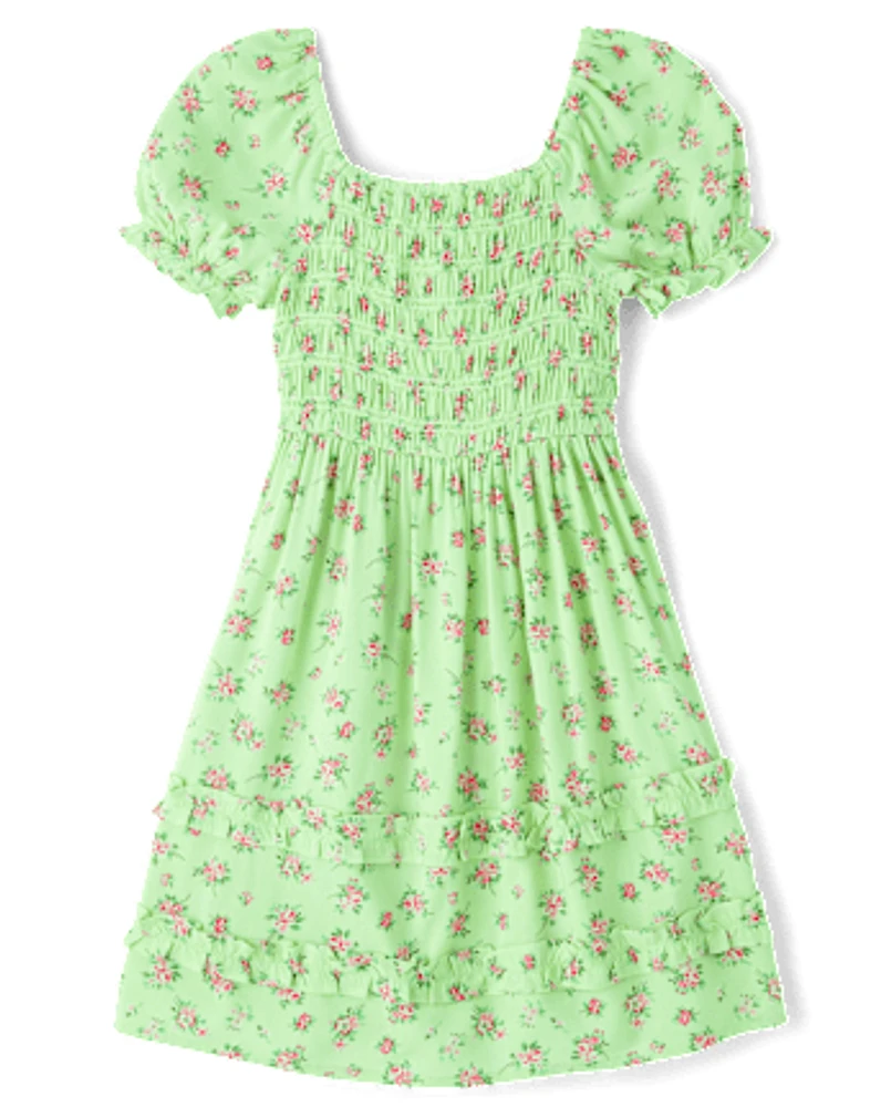 Girls Floral Smocked Ruffle Dress