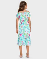 Girls Matching Family Tropical Midi Off Shoulder Dress