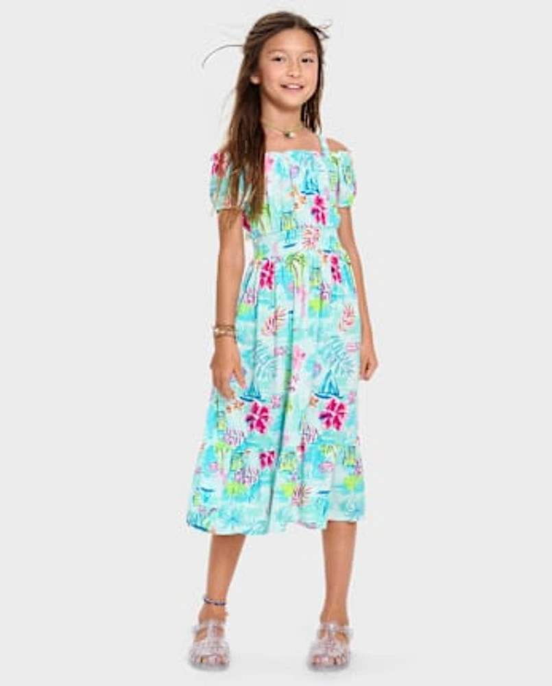 Girls Matching Family Tropical Midi Off Shoulder Dress