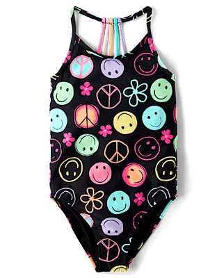 Girls Rainbow Happy Face One Piece Swimsuit