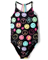 Girls Rainbow Happy Face One Piece Swimsuit