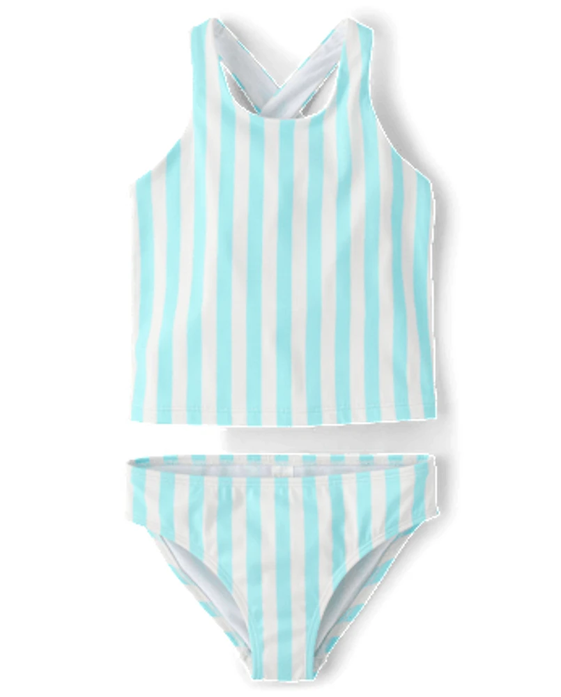 Girls Striped Cross Back Tankini Swimsuit