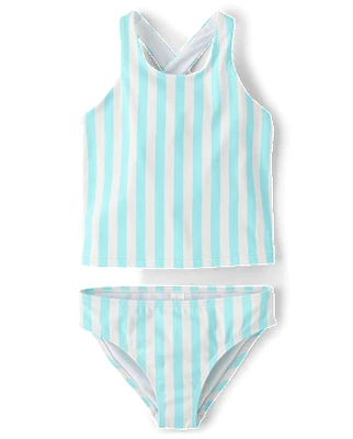 Girls Striped Cross Back Tankini Swimsuit