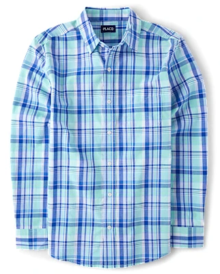 Chemise boutonnée en popeline à carreaux pour homme