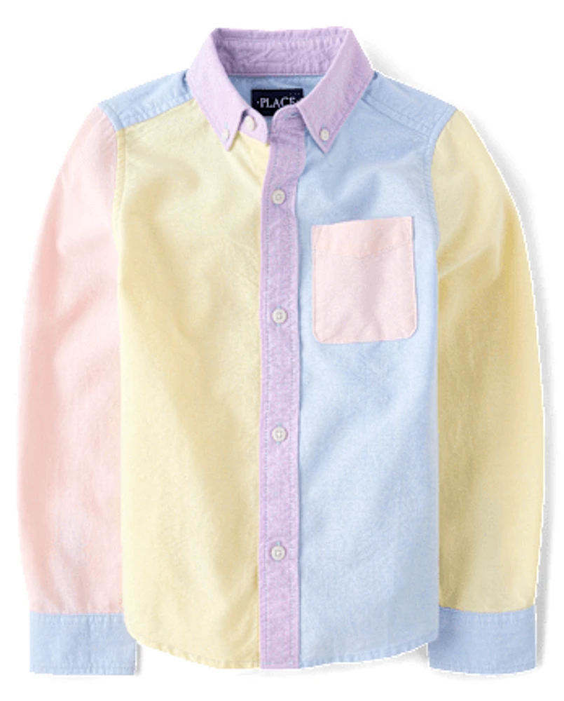 Boys Colorblock Oxford Button Up Shirt