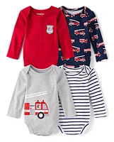 Lot de 4 bodies pour bébé garçon motif camion pompiers