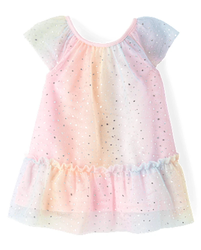 Baby Girls Rainbow Shimmer Mesh Ruffle Dress