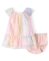 Baby Girls Rainbow Shimmer Mesh Ruffle Dress