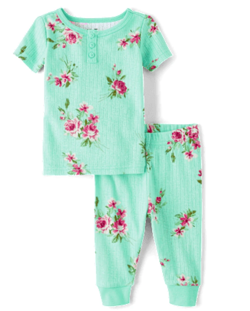 Baby And Toddler Girls Floral Henley Pointelle Snug Fit Cotton Pajamas