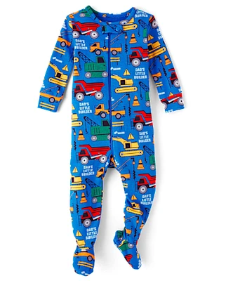 Baby And Toddler Boys Construction Vehicle Snug Fit Cotton Footed One Piece Pajamas