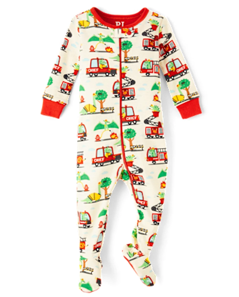 Baby And Toddler Boys Fire Truck Snug Fit Cotton Footed One Piece Pajamas