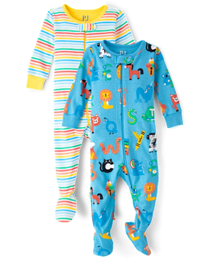 Pyjama une pièce unisexe Bébé et tout-petit arc-en-ciel Alphabet Snug Fit en coton à pieds, paquet de 2