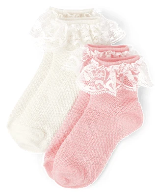 Lot de 2 paires chaussettes mi-longues à volants Fille Pointelle