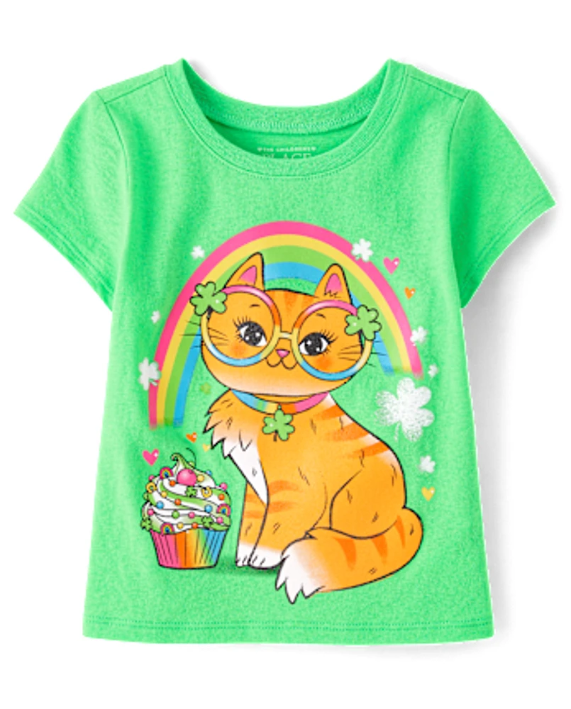 Baby And Toddler Girls St. Patrick's Day Cat Graphic Tee