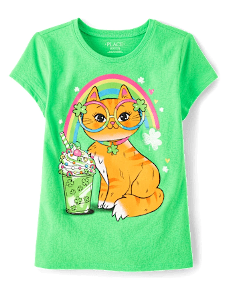 Girls St. Patrick's Day Cat Graphic Tee