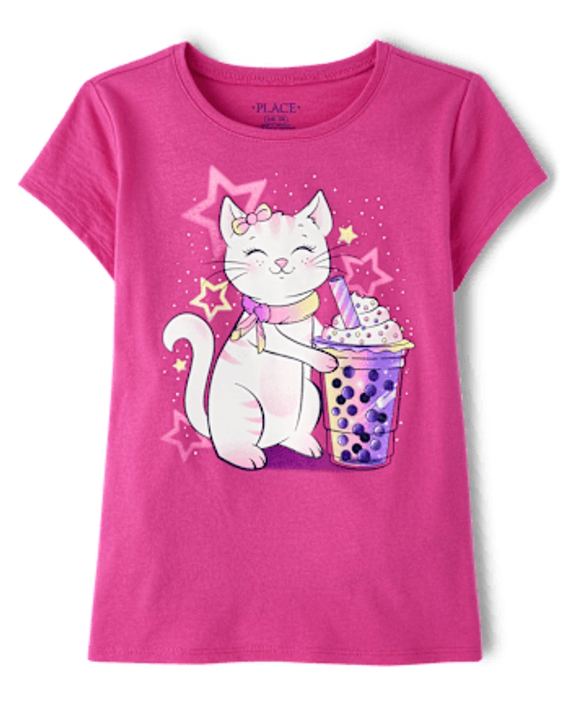 Girls Cat Drink Graphic Tee