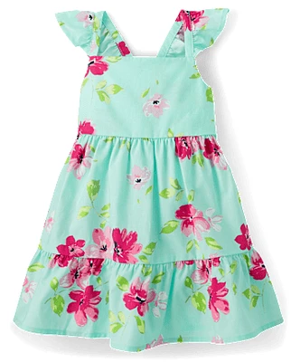 Toddler Girls Floral Bow Back Poplin Ruffle Dress