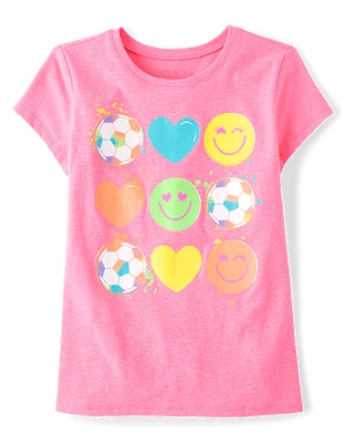 Girls Soccer Happy Face Graphic Tee