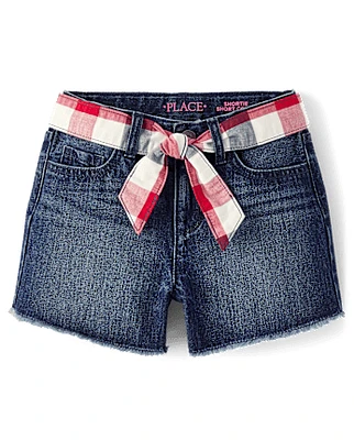 Girls Gingham Belted Denim Shortie Shorts