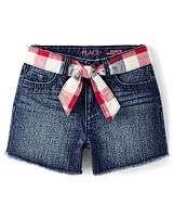 Girls Gingham Belted Denim Shortie Shorts