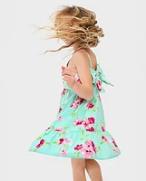 Girls Floral Bow Back Poplin Tiered Dress