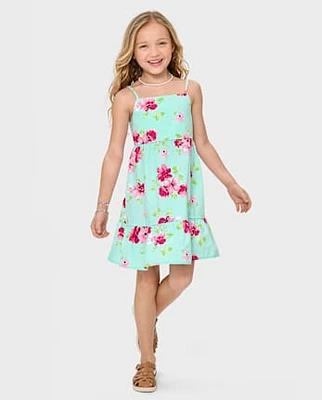 Girls Floral Bow Back Poplin Tiered Dress