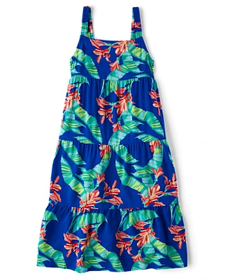 Girls Matching Family Tropical Midi Tiered Dress