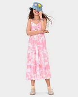 Girls Print Smocked Maxi Tiered Dress