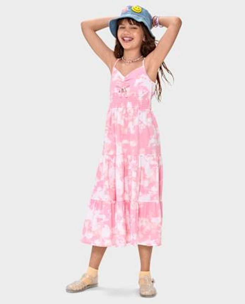 Girls Print Smocked Maxi Tiered Dress