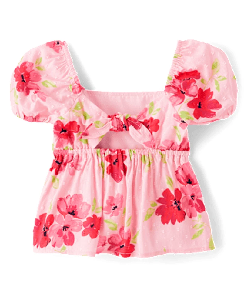 Girls Floral Clip Dot Tie Back Top