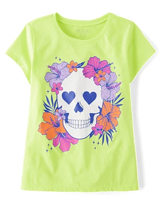 Girls Skull Flowers Graphic Tee