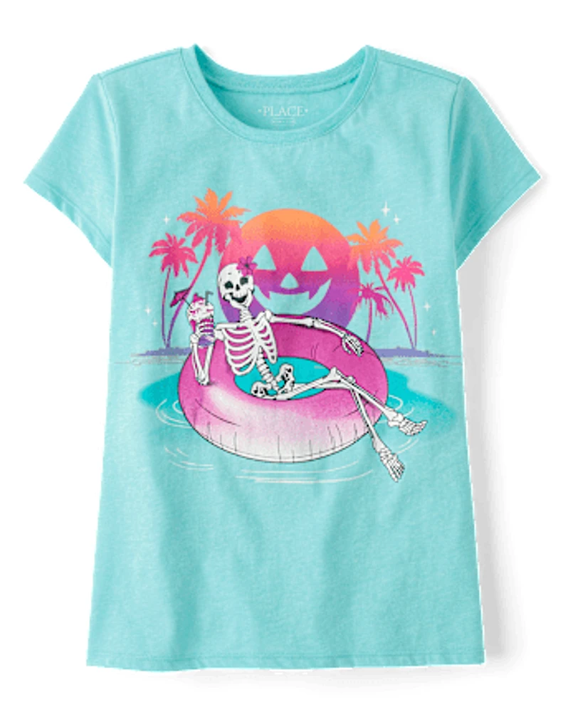 Girls Skeleton Pool Float Graphic Tee