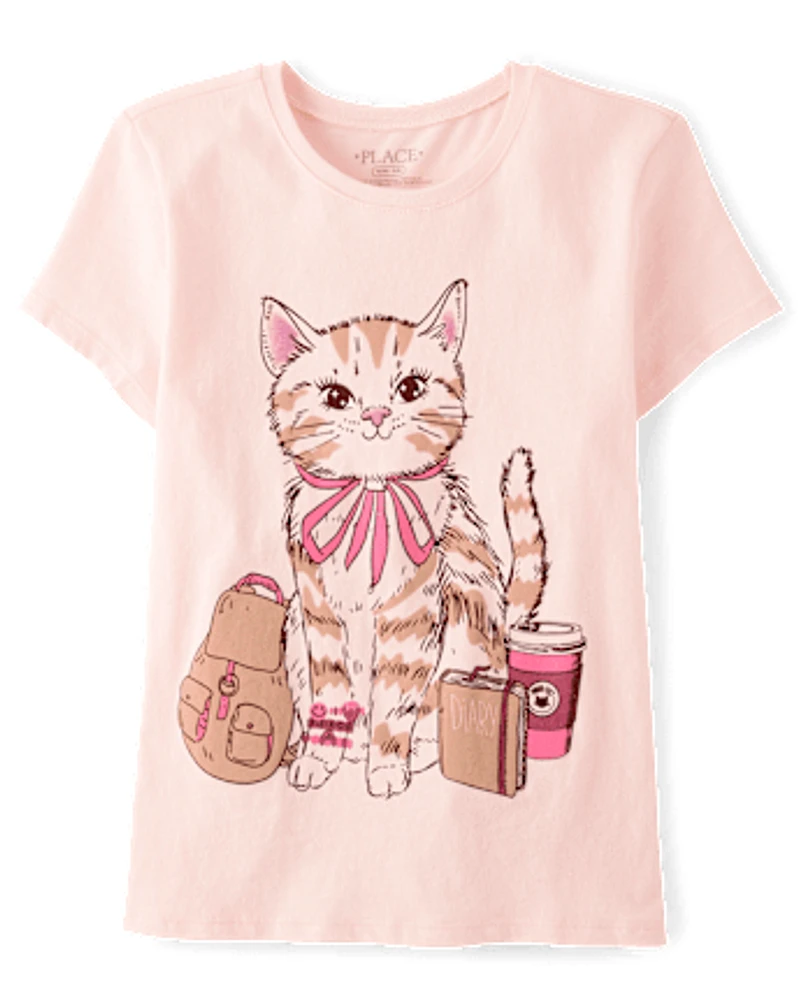 Girls Pink Cat Things Graphic Tee