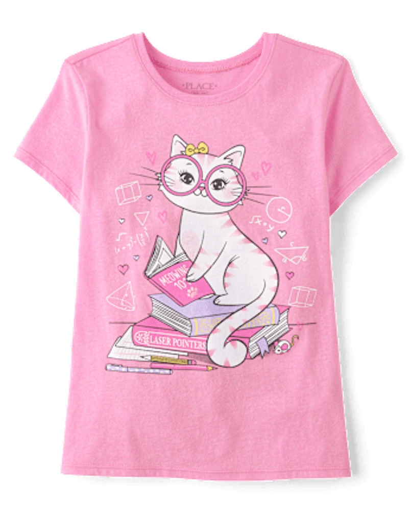 Girls Reading Cat Graphic Tee
