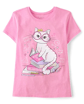 Girls Reading Cat Graphic Tee