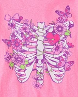 Girls Floral Skeleton Bones Graphic Tee