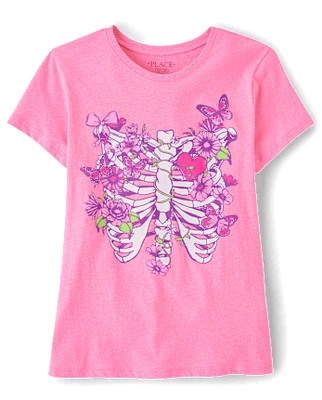 Girls Floral Skeleton Bones Graphic Tee
