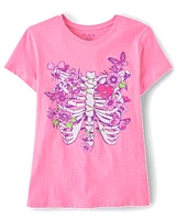 Girls Floral Skeleton Bones Graphic Tee