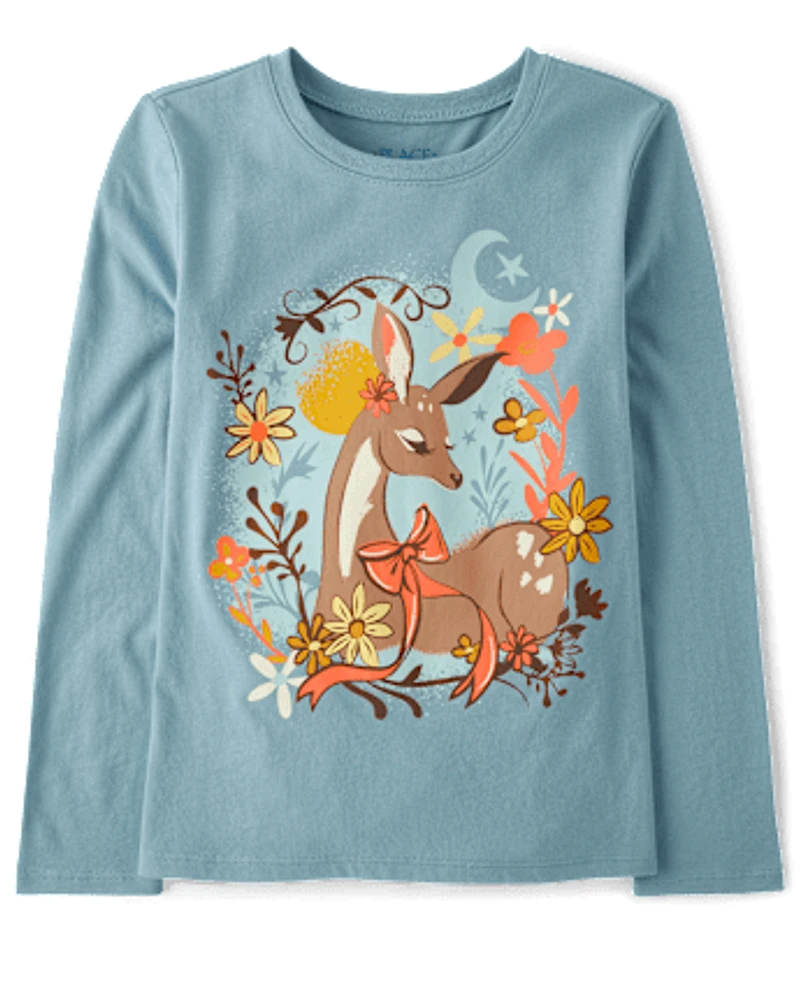 Girls Floral Deer Graphic Tee